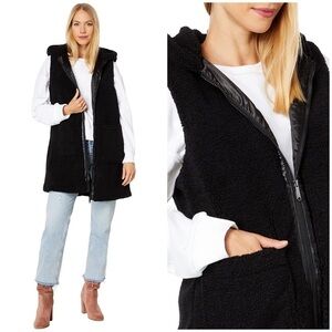 Sam Edelman Faux Leather Trim Faux Shearling Longline Hooded Vest Black XXS